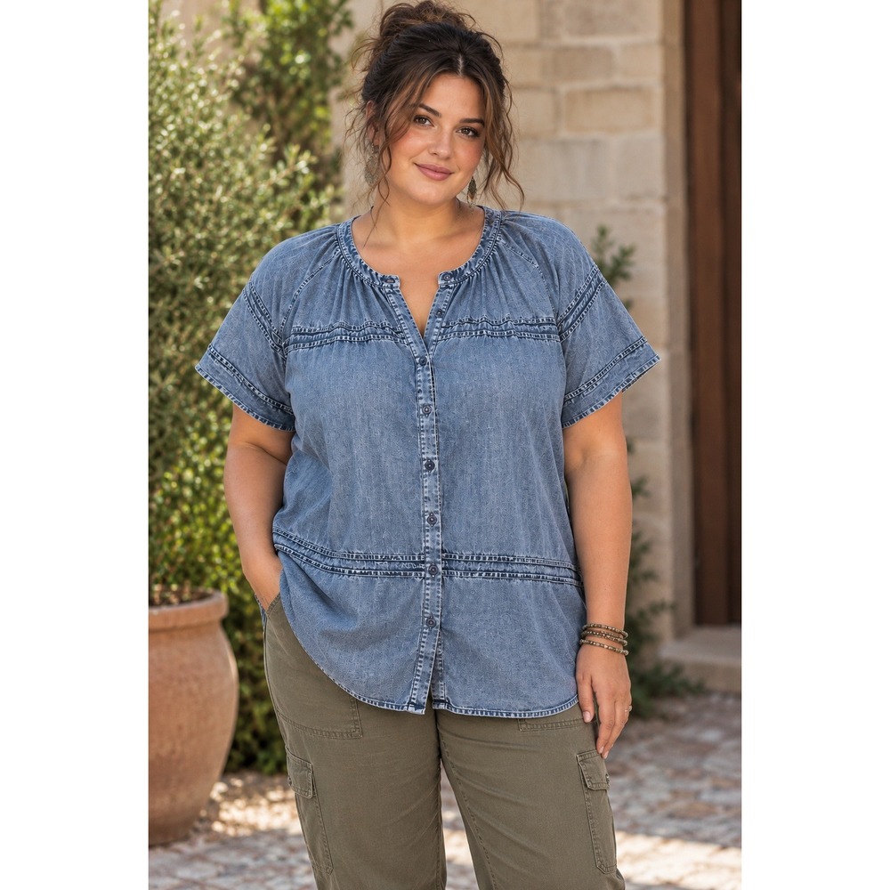 Jane & Delancey Blue Lyocell Pintuck Button Front Chambray Blouse 1X Top